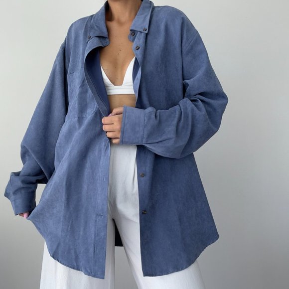 Vintage Tops - Vintage vegan suede button front shirt blue